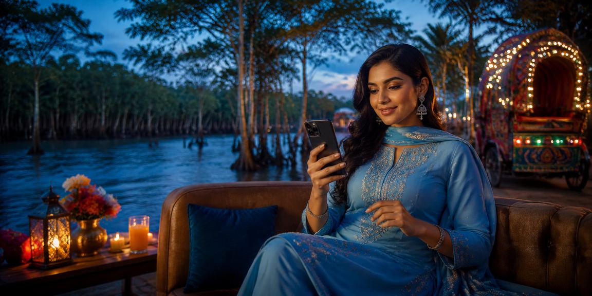 ঢাকায় baggo মোবাইলে ডিপোজিট করছেন একজন ব্যবহারকারী সালওয়ার কামিজে